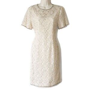 Vintage Stenay Pearl Beaded Lace Sheath Dress 10P Blush Cream Ivory Gold